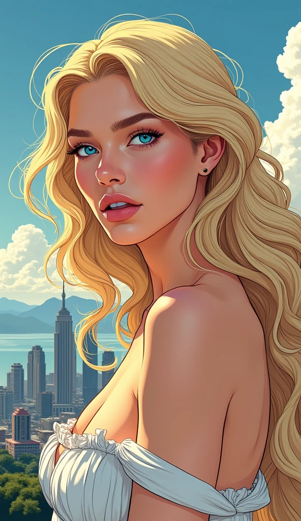 The beautiful goddess Aphrodite, blonde, whole body, skyline, Cel Shading, Bold outline, Flat Color, Sharp Shadow, Graphic Style, (Manga influence:1.3), Beautiful line drawing, Impressive visuals,comics