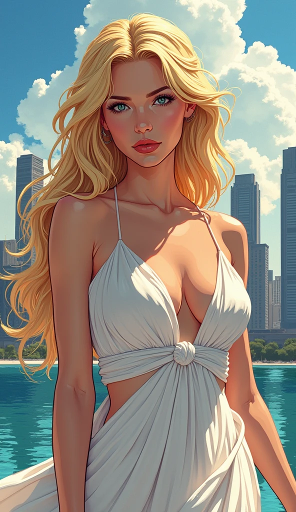 The beautiful goddess Aphrodite, blonde, whole body, skyline, Cel Shading, Bold outline, Flat Color, Sharp Shadow, Graphic Style, (Manga influence:1.3), Beautiful line drawing, Impressive visuals,comics