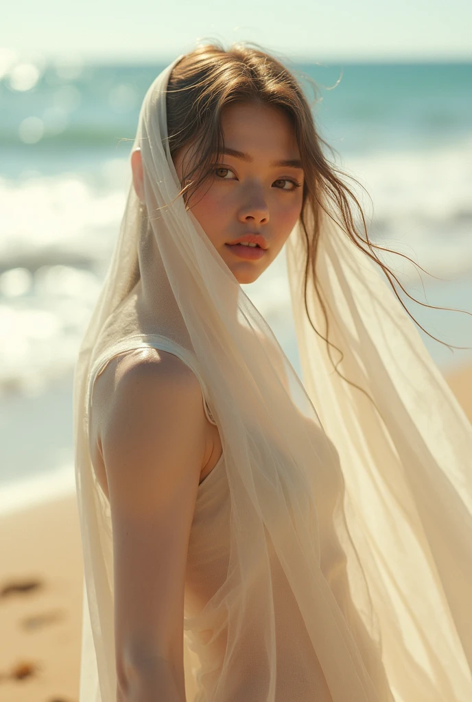Create a character on the beach by wearing light clothing facing the front of the photo screen. Use a very thin cloth