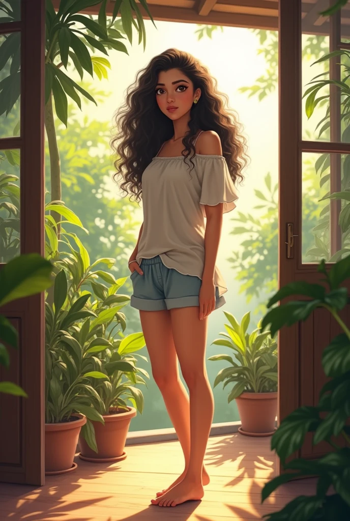 Sri Lankan sinhala style, rural woman, standing on garden, wearing loose off-shoulder top, pajama short, long curly hair, indoors and outdoor mix, soft lighting, plants in background, sky with sunlight, cozy Waranda, realistic, intricate details, warm colors, anime style