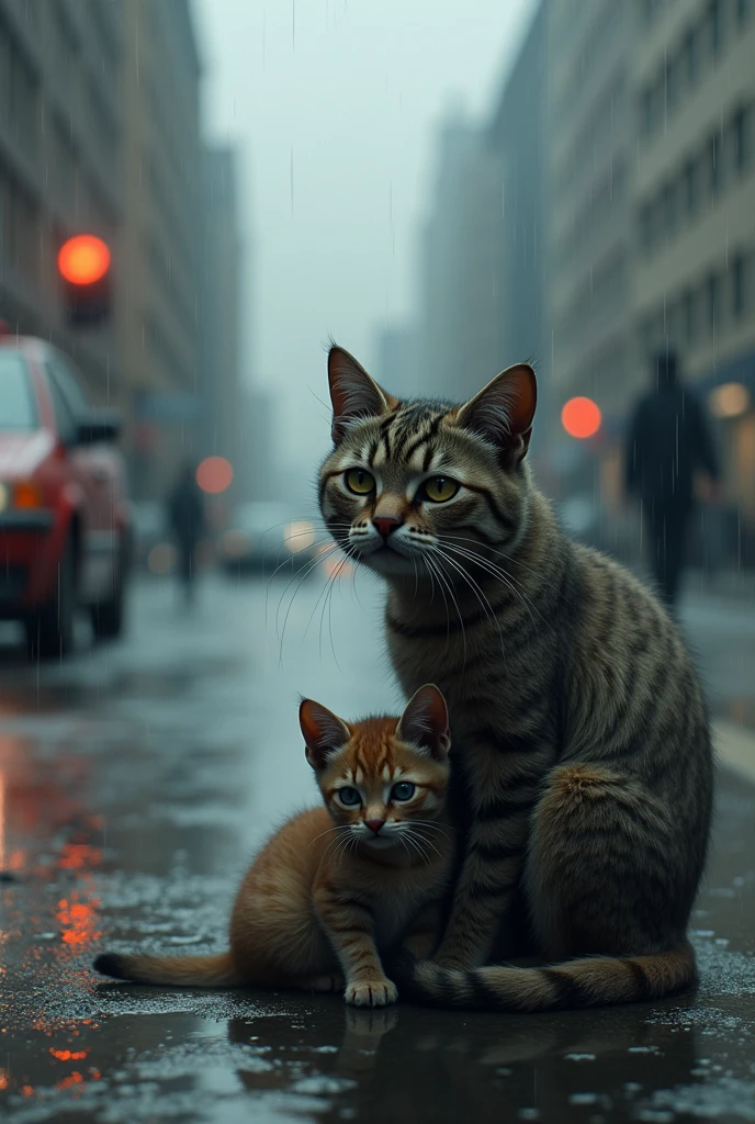 A gloomy scene of a stray cat with a dirty little kitten, sitting in the rain on a city road. The cat is begging for food to a passerby. There is a car splashing water, wetting the street. The background contains buildings.
