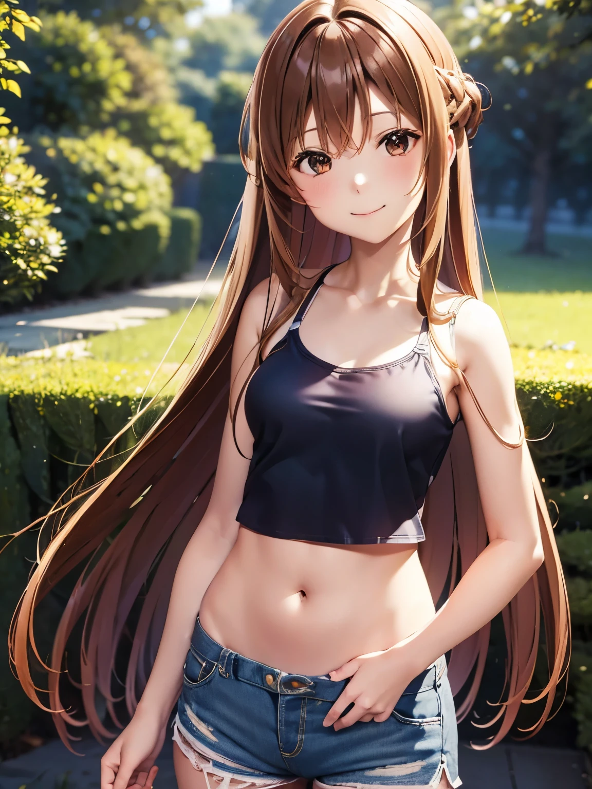 (masterpiece, Highest quality:1.2), One Girl、alone、Anime illustration style、garden、Closed Mouth、smile、uniform、One Girl, alone, Absolute reference to the center、Standing on the grass, Brown Hair, Brown eyes, Beautiful long hair、4Ｋ，8Ｋ,(Genuine、Genuine志向、写真Genuine志向）、High resolution、超High resolution、超High resolutionの絵画、whole body、Cowboy Shot、Shorts、Shorts、Tank top、camisole