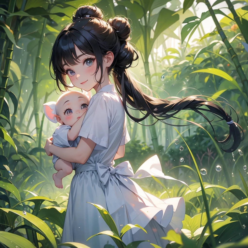 A chibi child girl had a small face and wearing a little tourist priest’s outfit, a pair of big round eyes shone with curiosity about him. This child was so cute, her hair is black with buns on her hair. Small chibi , chibi baby, smiling , chibi. 

The back is a lush green bamboo forest. The air after rain has water droplets splashing around.