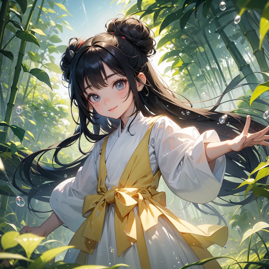 A chibi girl had a small and wearing a little tourist priest’s outfit, a pair of big round eyes shone with curiosity about him. This child was te, her hair is black with buns on her hair. Small chibi , chibi baby, smiling ,bi.
The back is a lush green bamboo forest. The air after rain has water droplets splashing around.