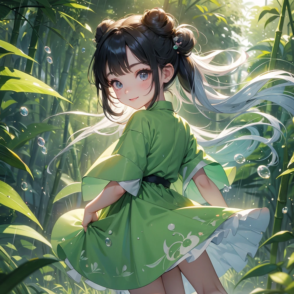 A chibi child girl had a small face and wearing a little tourist priest’s outfit, a pair of big round eyes shone with curiosity about him. This child was so cute, her hair is black with buns on her hair. Small chibi , chibi baby, smiling , chibi. 

The back is a lush green bamboo forest. The air after rain has water droplets splashing around.
