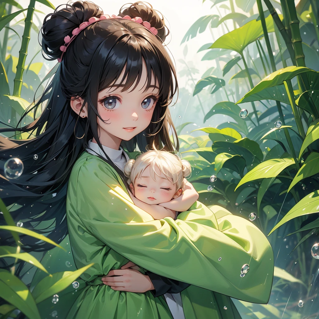A chibi girl had a small face and wearing a little tourist priest’s outfit, a pair of big round eyes shone with curiosity about him. This childso cute, her hair is black with buns on her hair. Small chibi , chibi baby, smiling , chibi.
The back is a lush green bamboo forest. The air after rain has water droplets splashing around.
