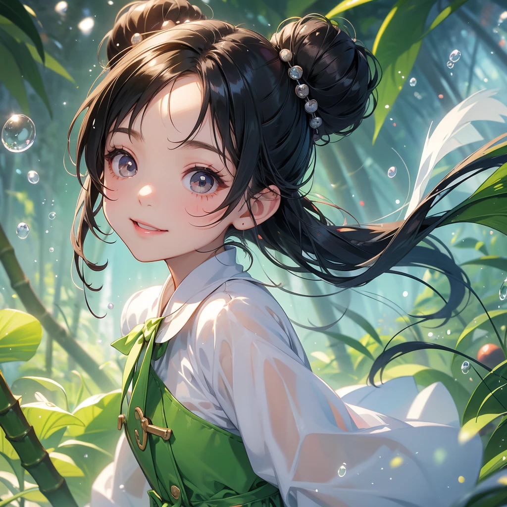 A chibi child girl had a small face and wearing a little tourist priest’s outfit, a pair of big round eyes shone with curiosity about him. This child was so cute, her hair is black with buns on her hair. Small chibi , chibi baby, smiling , chibi. 

The back is a lush green bamboo forest. The air after rain has water droplets splashing around.