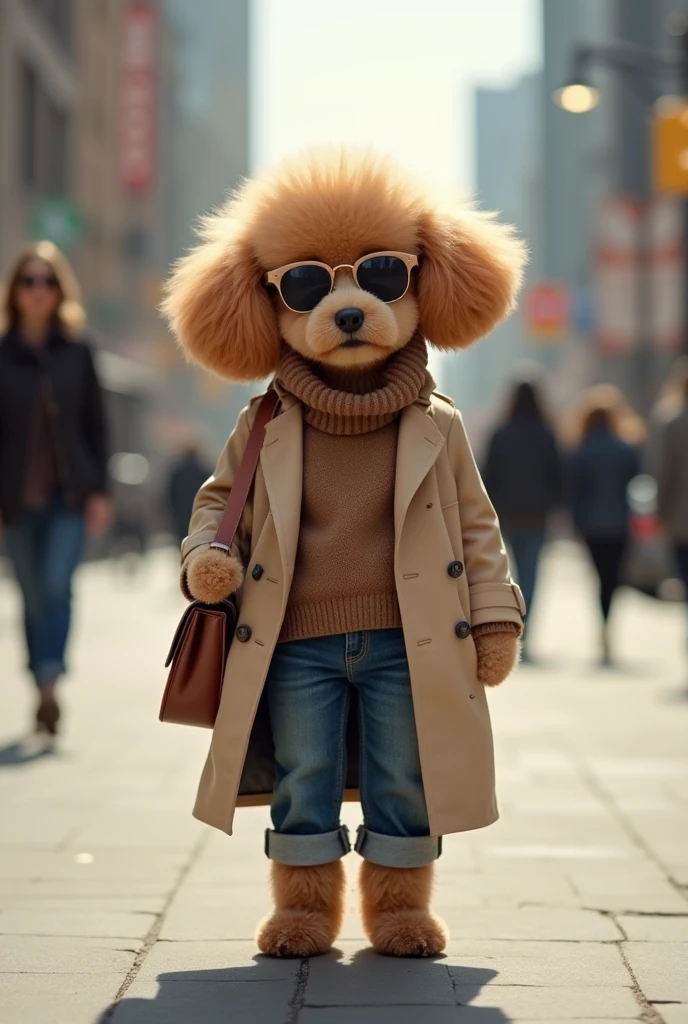 An ultra-realistic image of a Poodle puppy standing on an urban sidewalk. The puppy is dressed in fashionable, human-style clothing: a beige trench coat over a cozy, high-neck brown sweater, with rolled-up denim jeans. The puppy is also wearing round sunglasses and holding a brown leather handbag. The background features a modern cityscape with tall buildings, streetlights, and blurred figures walking in the distance. The overall scene is set in soft daylight, capturing the stylish and sophisticated vibe of a high-fashion street style.