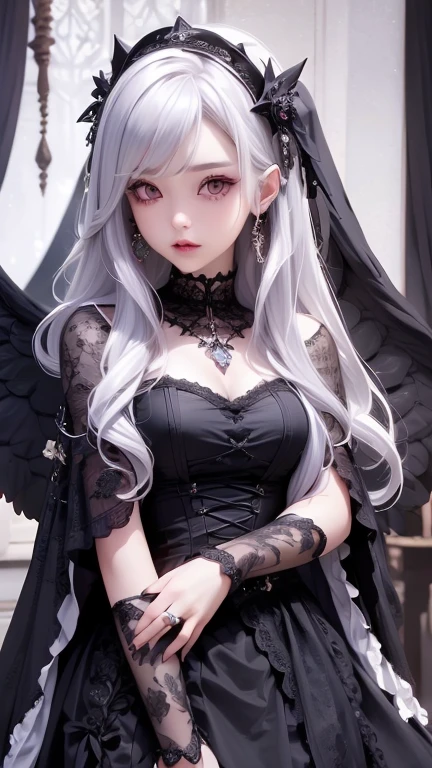 Baroque, Gothicta, cute, One girl, alone, whole body, Black sofa, Black Dress, Absurd, White lace, High resolution, Super detailed, Most detailed, Red lips