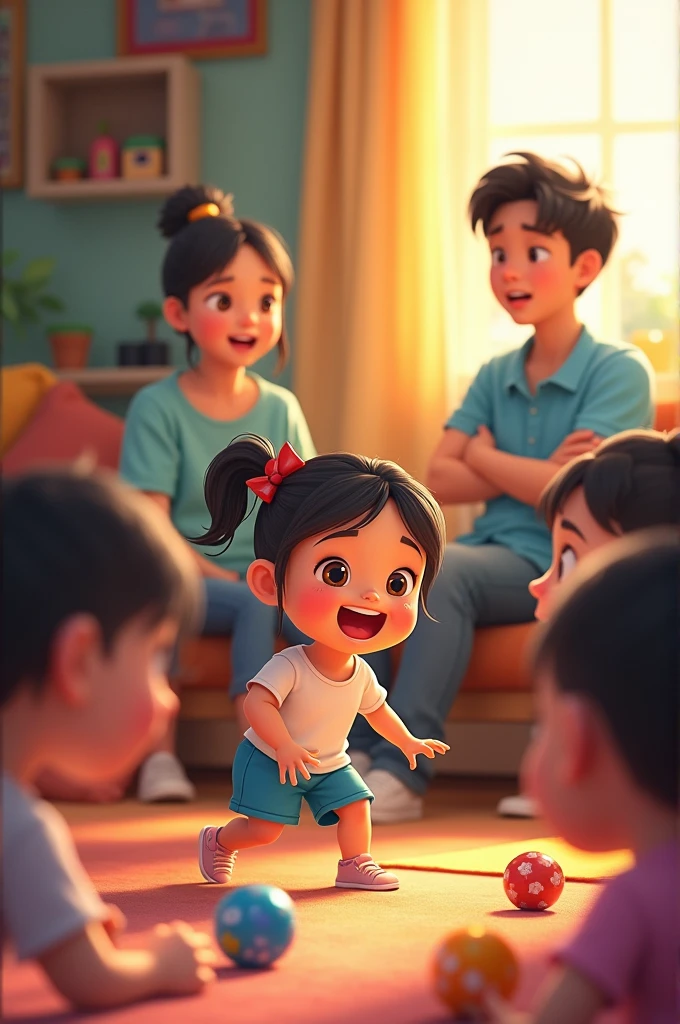outside with her parents in a little house playing with toys and there are many gifts and there is a sign next to her that says El Rinconcito De Jeimy