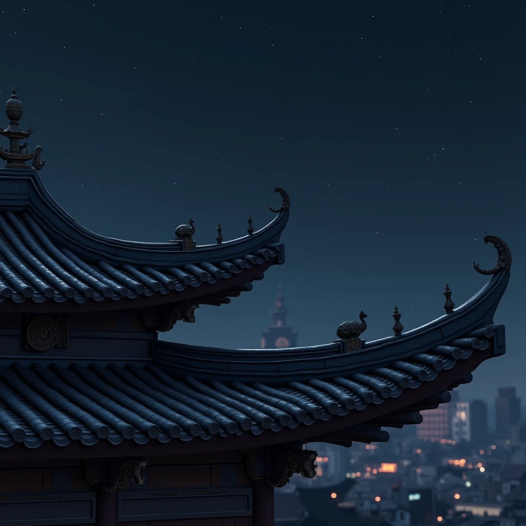 Ancient Chinese roof close-up at night