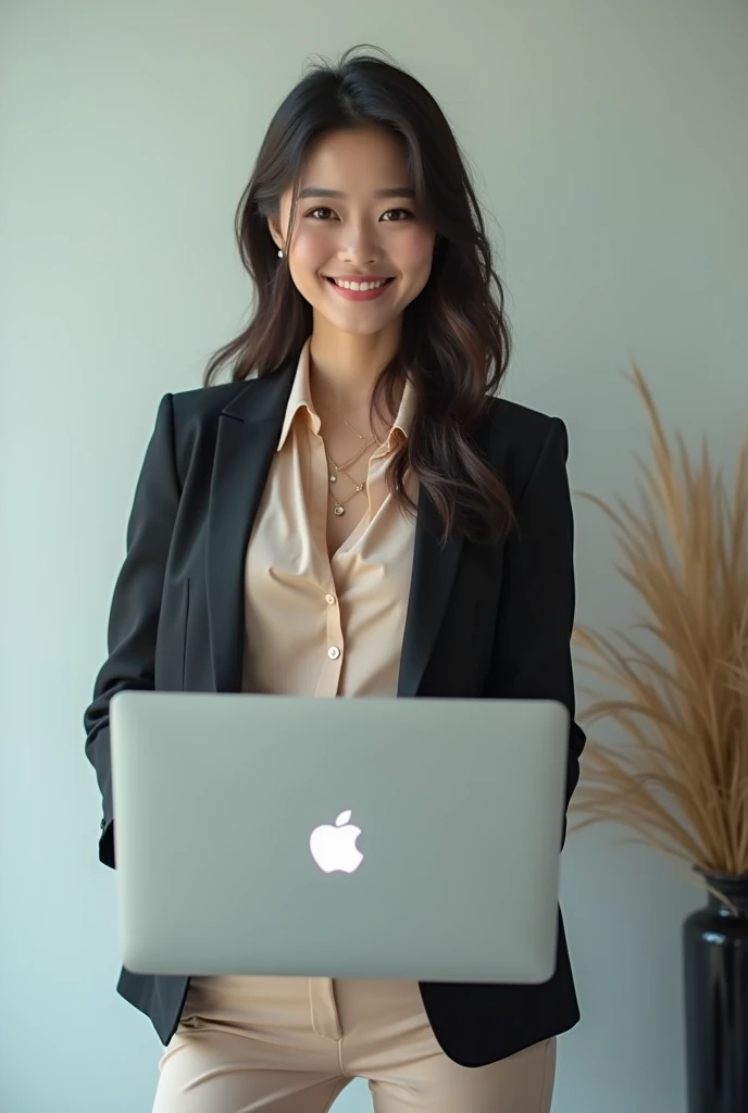 Create an image of an 1 Asian businesswoman standing and working on a MacBook. She is smiling with a cute and charming face. The image is full-body, with a slightly revealing outfit, showcasing a youthful and modern appearance.