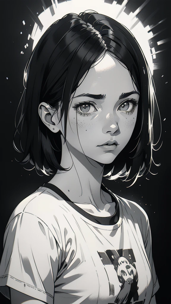 1 boyish girl, solo, sharp eyes, monochrome, down lighting, greyscale, short black hair, portrait, white T-shirt, closed mouth, looking at viewer, graphite \(medium\), detailed lips, hatching \(texture\), without makeup, bangs, upper body, (best illustration), (best quality), (very detailed), (masterpiece), expressionless,