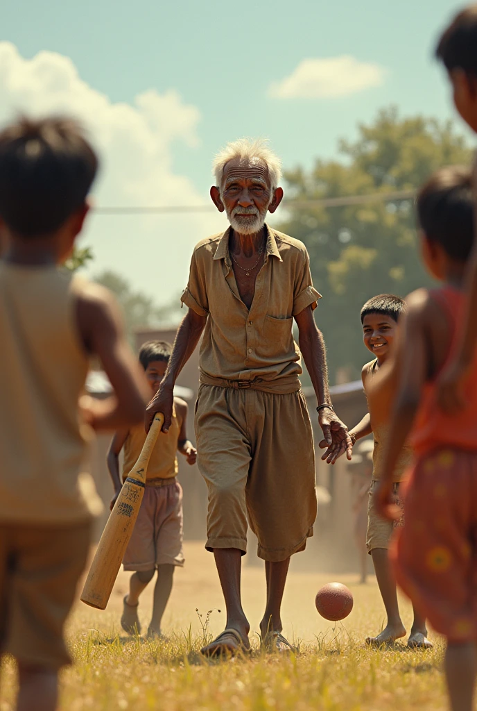 Old poor man playing cricket with small kids