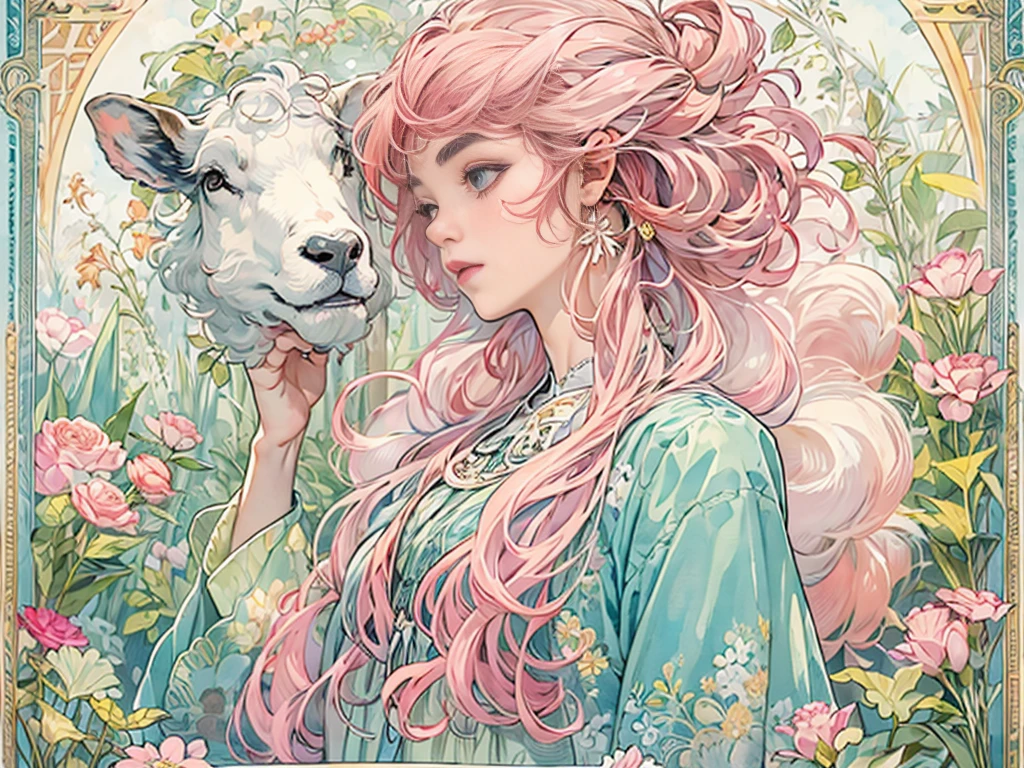 ((masterpiece)), (Highest quality), (Cinematic), Art Nouveau watercolor , Floral_background, Intricate designs and patterns in the style of Alphonse Mucha，\One Woman, Pink Hair, Long Hair, Cotton candy shaped hair, Fluffy hair, Thick eyebrows, Pink dress, Light blue cardigan, Standing in the grassland, Sheep next to\