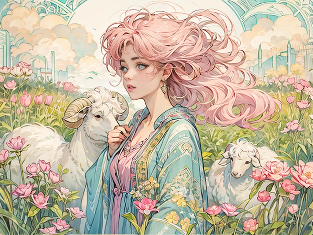 ((masterpiece)), (Highest quality), (Cinematic), Art Nouveau watercolor , Floral_background, Intricate designs and patterns in the style of Alphonse Mucha，\One Woman, Pink Hair, Long Hair, Cotton candy shaped hair, Fluffy hair, Thick eyebrows, Pink dress, Light blue cardigan, Standing in the grassland, Sheep next to\