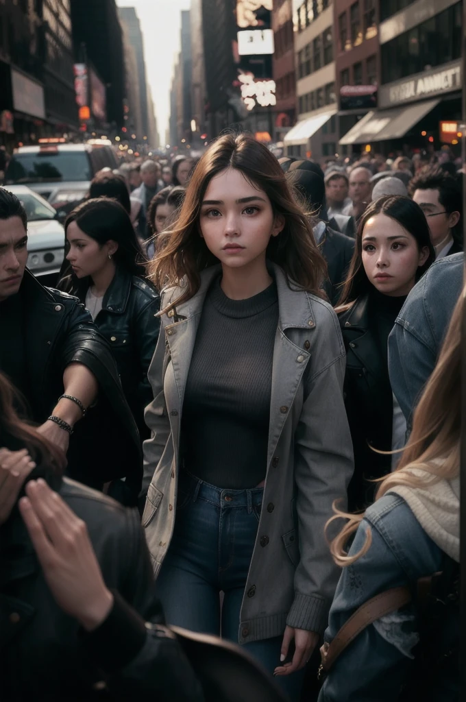 stunningly beautiful young woman,surrounded,crowd,people,chaos,surprised,backlight,contrast,New York street,fashion,jeans,jacket,sweater,