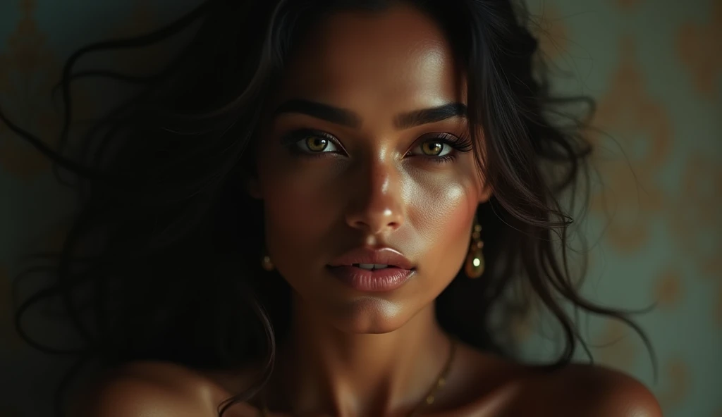 a beautiful mysterious Indian woman, Western fashion, intricate detailed face, piercing eyes, long eyelashes, delicate skin, natural beauty, flowing hair, candid elegant pose, dramatic lighting, cinematic mood, muted color palette, chiaroscuro lighting, high quality, photorealistic, 8k, intricate details, professional rendering