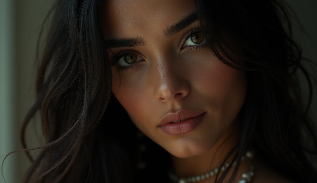a beautiful mysterious Indian woman, Western fashion, intricate detailed face, piercing eyes, long eyelashes, delicate skin, natural beauty, flowing hair, candid elegant pose, dramatic lighting, cinematic mood, muted color palette, chiaroscuro lighting, high quality, photorealistic, 8k, intricate details, professional rendering