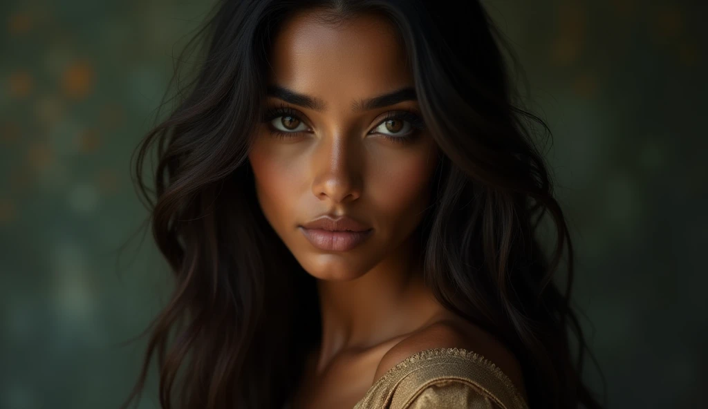 a beautiful mysterious Indian woman, Western fashion, intricate detailed face, piercing eyes, long eyelashes, delicate skin, natural beauty, flowing hair, candid elegant pose, dramatic lighting, cinematic mood, muted color palette, chiaroscuro lighting, high quality, photorealistic, 8k, intricate details, professional rendering