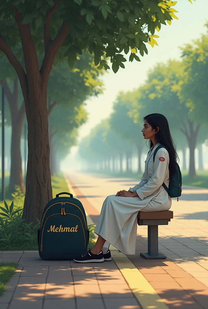 In pakistan A girl with her college bag and in her uneversity uniform white suit salwar  sitting on a bench at bus station waiting for the bus her name  mehmal written on her bag like a tattoo  . the place is not crowded and there are trees