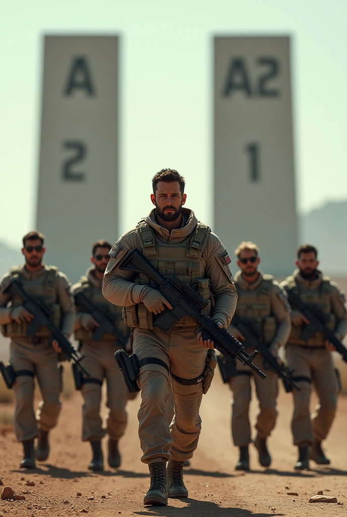 A US Special forces guy with 6 friends standing at area 51 gate, Realistic