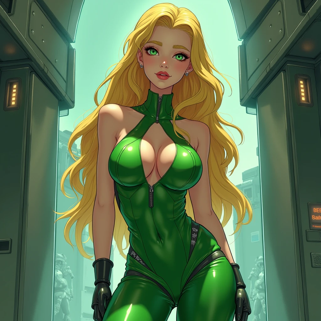 gorgeous woman, slime corset, ((biopunk)), long blonde hair, slime pants, belts and straps, pouches and vials, chains, standing in an biotic workshop, green bubbling liquids and slime, see through clothes