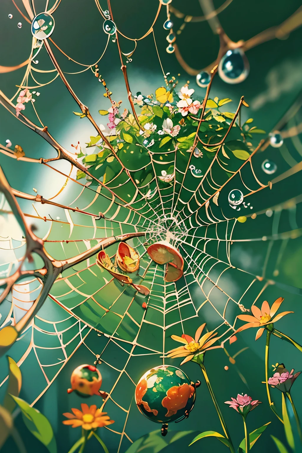 (Surreal world)、The Microscopic World , Tabletop , Macro photography , Spider web, Film Grain, Bokeh , cigarette , 非常にdetailedな, Bright sunny weather, Micro Flower, drop, Blurry, waterdrop，shine, water，colorful，Dramatic lighting, Photographic realism, Botanical illustration、Flower Spirit Girl、Full of flowers、Soft Contrast, Octane Rendering , Unreal Engine、4K, Depth of written boundary, High resolution、(Highest quality、detailed、masterpiece)、