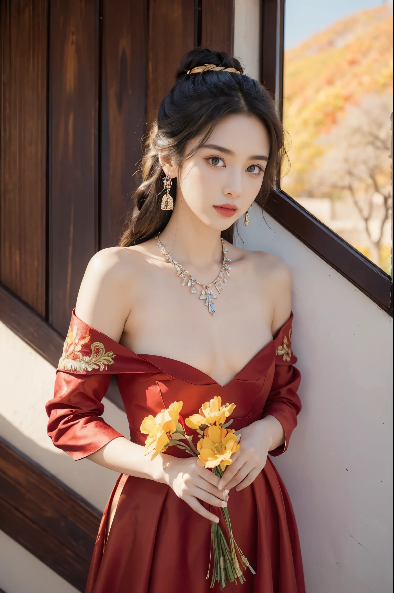 (((best quality))), (((ultra detailed))), (((masterpiece))), illustration,((1 beautiful girl,solo)),(on the Great Wall:1.3),(neat bun:1.2),((earrings,necklace)),((slim,thin)),((small breasts,flat chest)),((October, sunny, autumn,bright sunshine)), magnificent mountains,(maxi gorgeous Exquisite embroideried red dress:1.3),(stockings:1.3),(slender legs:1.2),(standing:1.3),gracefully,(detailed bright eyes:1.3),(fair skin:1.3), radiant,sparkling, vibrant colors,(colorful flowers:1.3), elegance, strength, perseverance, majestic, awe-inspiring, fluffy white clouds,((from front,upper body))