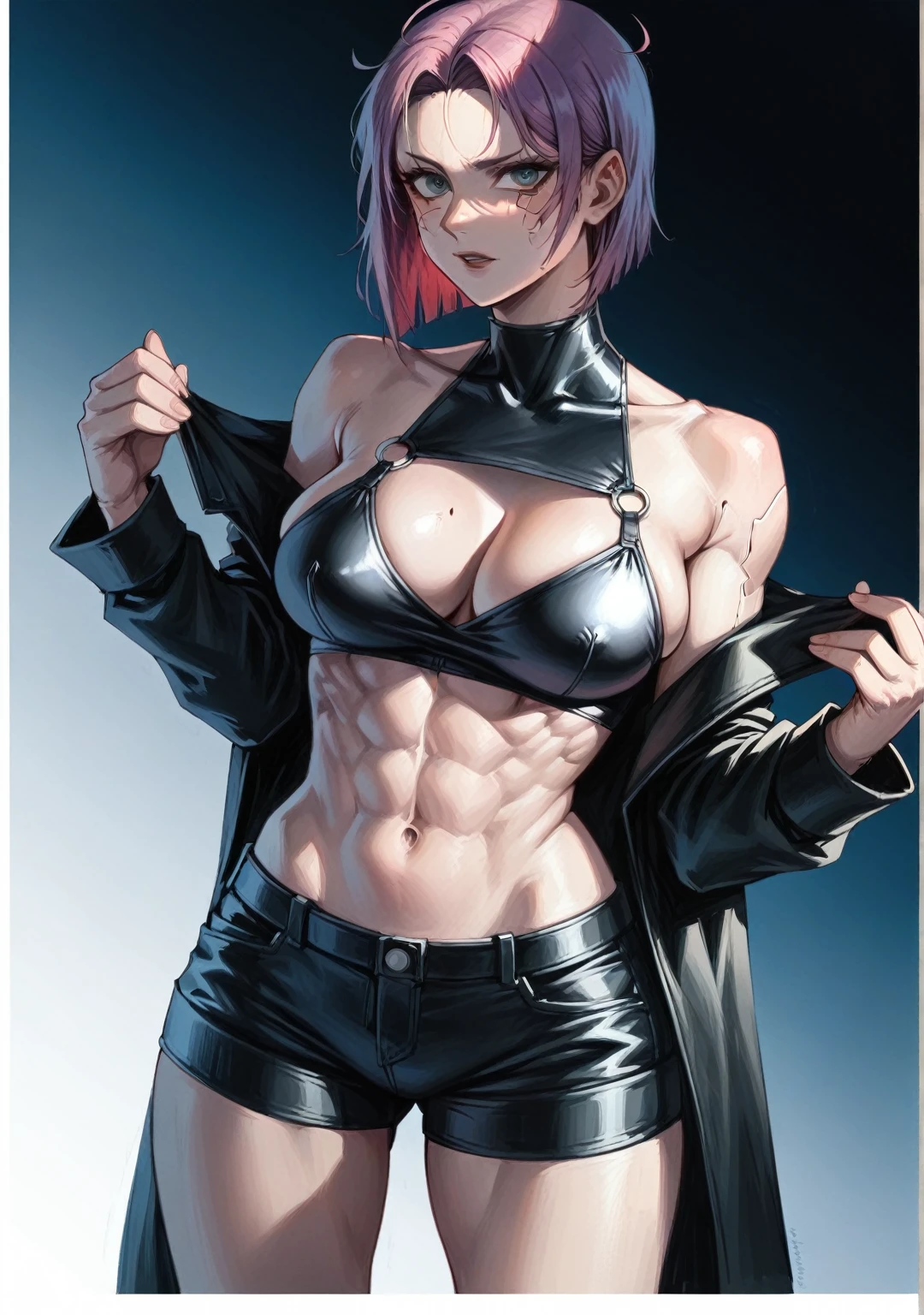 a close up of a woman in a black leather outfit, muscular! cyberpunk, female cyberpunk anime girl, oppai cyberpunk, aeon flux style, character from king of fighters, style mix of æon flux, perfect anime cyborg woman, female protagonist 👀 :8, anime girl, inspired by Okumura Masanobu
