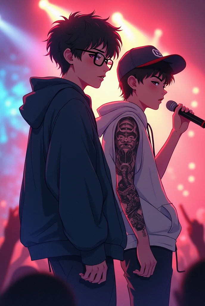 Cover of two teenage singers in concert, one boy with glasses, the other boy with a cap and a tattoo of a samurai on his forearm