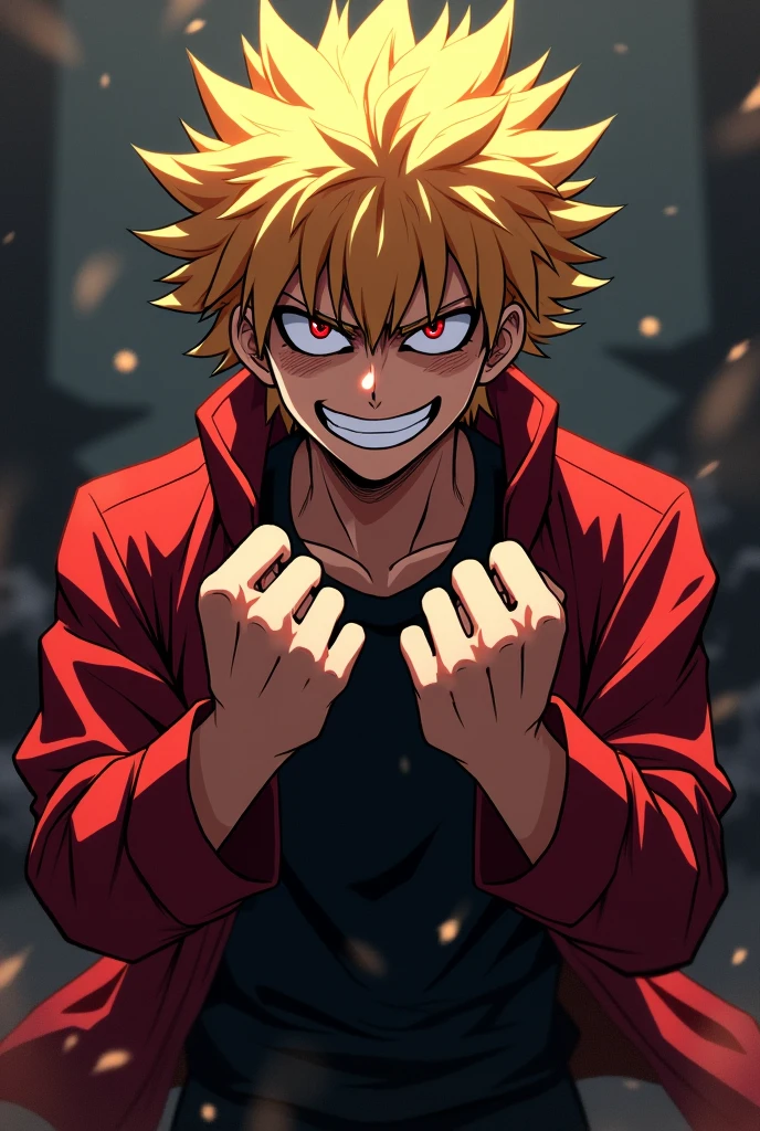 Recreate katsuki bakugo cracking his knuckles and giving an evil smile. In anime style.