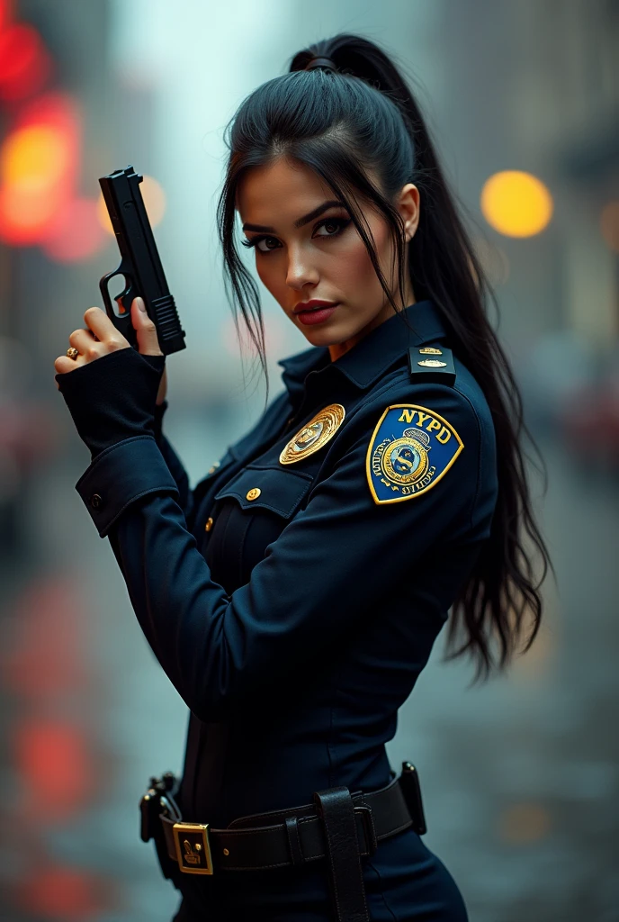 ultra realistic, photography, long black straight hair in a ponytail, elegant hair, (30 years old, hazel eyes, hourglass figure, perfect fit body, natural big breasts), firtatious look, femme fatale, long eyelashes, cat-eye make-up, she is from the NYPD and has her gun drawn with both hands, feet spread standing stance, at a crime scene, someone is running away, full body picture, wide angle, extreme wide angle