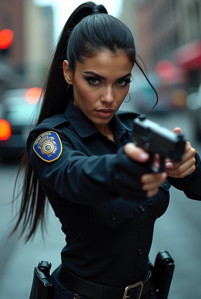 ultra realistic, photography, long black straight hair in a ponytail, elegant hair, (30 years old, hazel eyes, hourglass figure, perfect fit body, natural big breasts), firtatious look, femme fatale, long eyelashes, cat-eye make-up, she is from the NYPD and has her gun drawn with both hands, feet spread standing stance, at a crime scene, someone is running away, full body picture, wide angle, extreme wide angle