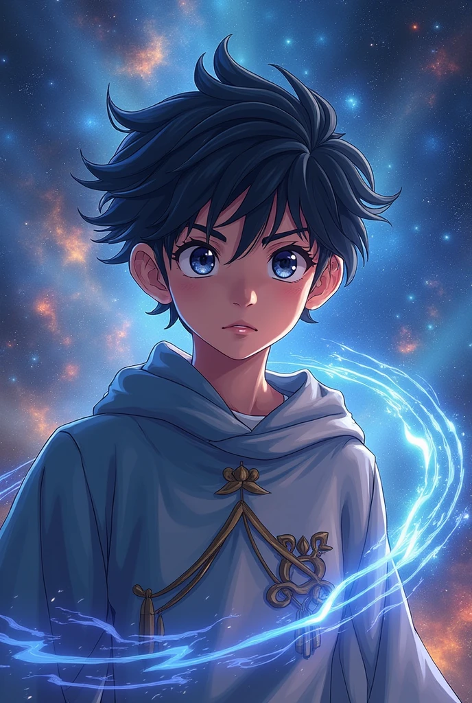 Generate a most powerful Muslim boy anime character with powerful aura in galaxy
