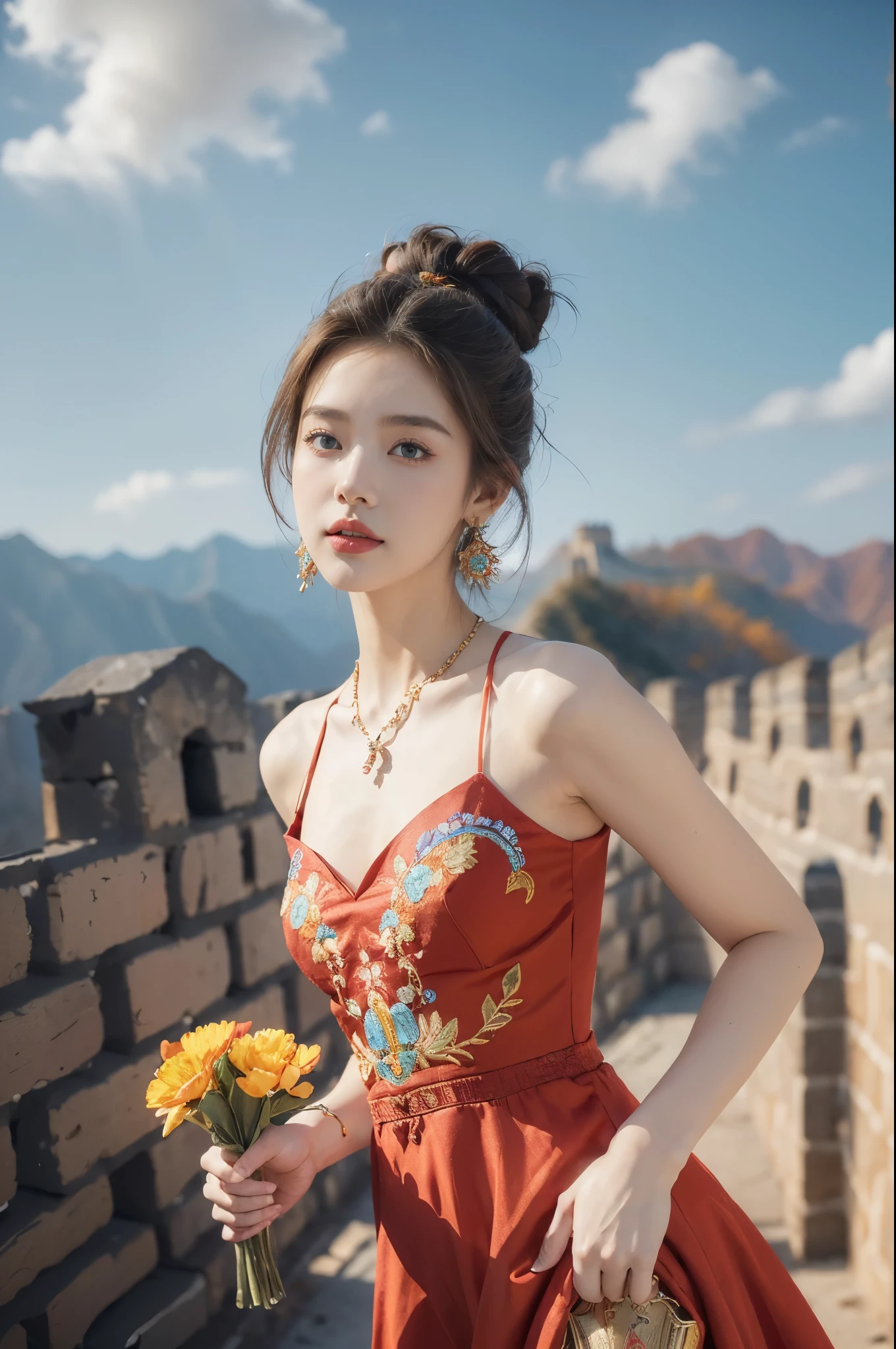 (((best quality))), (((ultra detailed))), (((masterpiece))), illustration,((1 beautiful girl,solo)),(on the Great Wall:1.3),(neat bun:1.2),((earrings,necklace)),((slim,thin)),((small breasts,flat chest)),((October, sunny, autumn,bright sunshine)), magnificent mountains,(maxi gorgeous Exquisite embroideried red dress:1.3),(stockings:1.3),(slender legs:1.2),(standing:1.3),gracefully,(detailed bright eyes:1.3),(fair skin:1.3), radiant,sparkling, vibrant colors,(colorful flowers:1.3), elegance, strength, perseverance, majestic, awe-inspiring, fluffy white clouds,((from front,upper body))