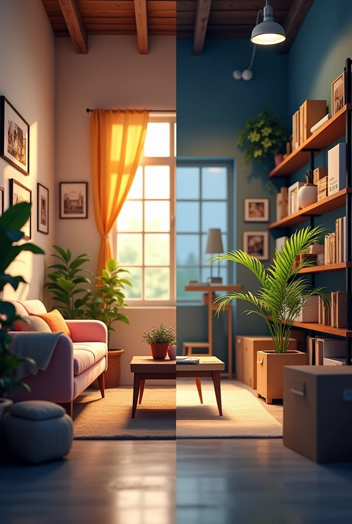The left half is the interior of the house, and the right half is the interior of the delivery office.