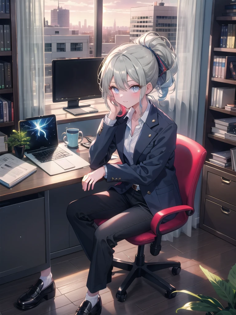 ((8k, Highest quality, masterpiece: 1.3)),Ultra-high resolution,(1 girl, alone), (Color changing eyes, Ultra-detailed, Expressive brilliance, Glitter, Glowing Eyes), Highly detailed eyes, Highly detailed face, Random Hair, ((pastel colour))The woman is seated at her desk in a modern corporate office, typing on her laptop. The office has large windows overlooking a cityscape, with skyscrapers and a clear blue sky visible outside. Her desk is organized with a wireless keyboard, a stack of neatly arranged folders, a small potted succulent, and a coffee mug with a motivational quote. Behind her, a bookshelf filled with reference books and company awards adds to the professional atmosphere. She’s wearing a light grey blazer over a white blouse, paired with black slacks and low-heeled shoes. Her hair is tied back in a sleek ponytail. She glances at the camera with a focused and slightly amused expression, as if she’s just noticed something interesting.