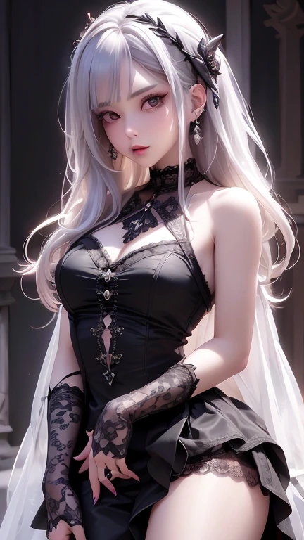 Baroque, Gothicta, cute, One girl, alone, whole body, Black sofa, Black Dress, Absurd, White lace, High resolution, Super detailed, Most detailed, Red lips