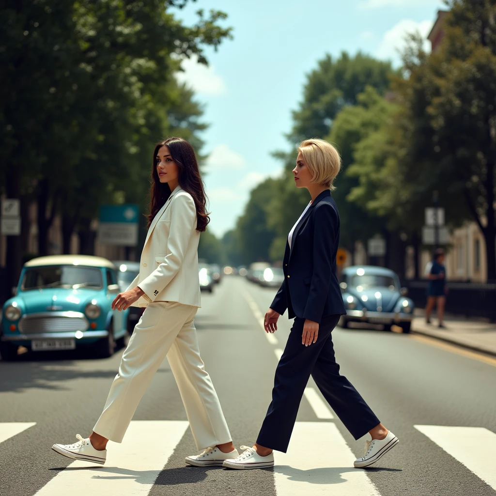 The year is 1969. Two very beautiful and glamorous women, aged 30 and 34, are crossing the pedestrian crossing at Abbey Road in London in 1969. An old Mini Cooper and a Volkswagen Beetle are parked on the side of the road. The profile of the two women, voluptuous, sexly, barefoot, naked, crossing the pedestrian crossing , is an artistic portrait by Ingres that pays homage to the cover of The Beatles' album "Abbey Road".Full body image from head to toe wide shot,she has a dark brunette One-length Perfectly straight very long hair and shiny blonde 60's short bob hair,Very large, pendulous breasts、Perfect nude proportions of a glamorous mature woman、super realistic mature's body and skin,very huge sagging Breasts,A stunning album shot with long shots by a professional photographer "Abbey Road"Homage photo of、plump super glamorous mature,Clear skies、The woman walking behind she wearing a very plain navy business pants suit and white dress shirts and bare foot,The woman leading the way wearing a very plain white business pants suit and white dress shirts and white Converse sneakers.album "Abbey Road"Homage photo of、Two women in ordinary business suits crossing the street、Walking profile、I don't see the camera
