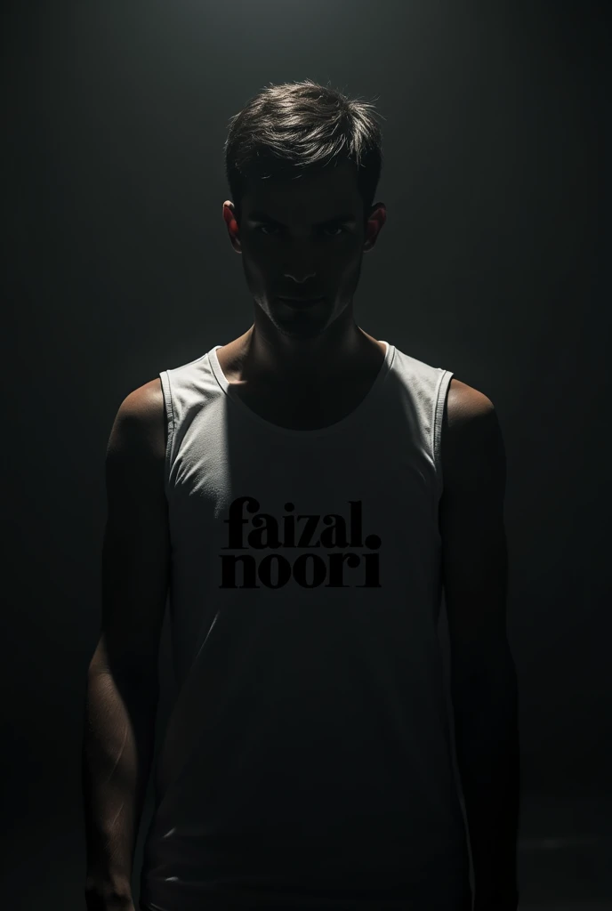 Man but his face is hidden in darkness, you can't see his face and he is wearimg a sleevless shirt that says "Faizal Noori"