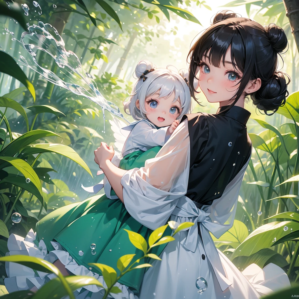 A chibi child girl had a small face and wearing a little tourist priest’s outfit, a pair of big round eyes shone with curiosity about him. This child was so cute, her hair is black with buns on her hair. Small chibi , chibi baby, smiling , chibi. 

The back is a lush green bamboo forest. The air after rain has water droplets splashing around.