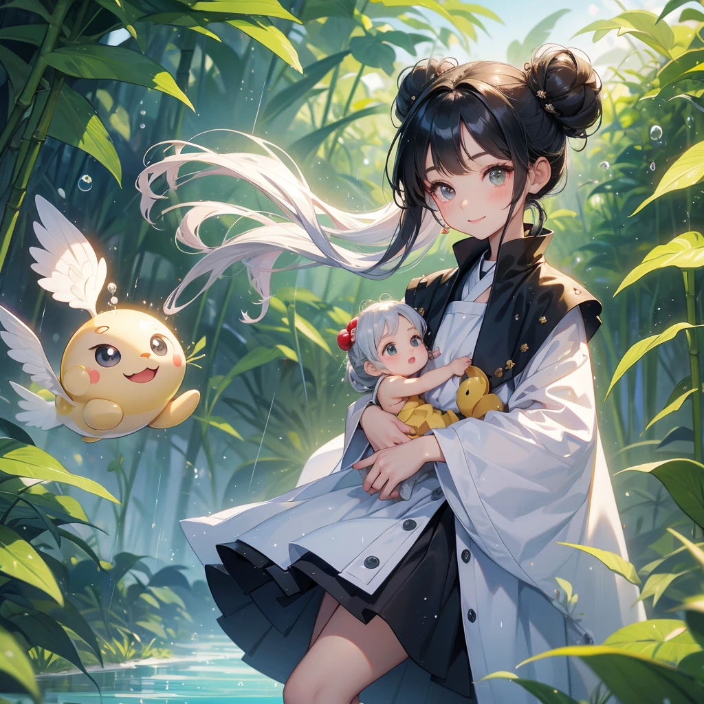 A chibi child girl had a small face and wearing a little tourist priest’s outfit, a pair of big round eyes shone with curiosity about him. This child was so cute, her hair is black with buns on her hair. Small chibi , chibi baby, smiling , chibi. 

The back is a lush green bamboo forest. The air after rain has water droplets splashing around.
