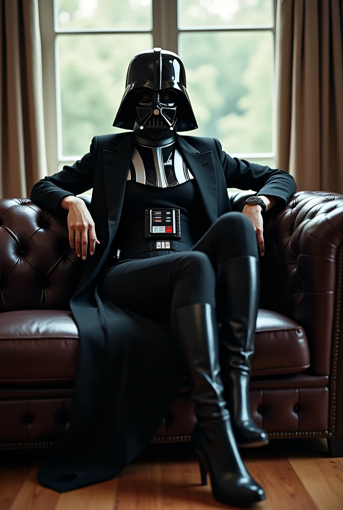 A hyperrealistic photo of a beautiful woman sitting comfortably on a dark brown leather sofa. She is wearing high-heeled boots and a shiny black suit. Her right arm is resting along the back of the sofa, while her left arm is resting on her lap. She is wearing the helmet and mask of Darth Vader and is looking directly at the viewer. The background is blurred and contains a large window with curtains.