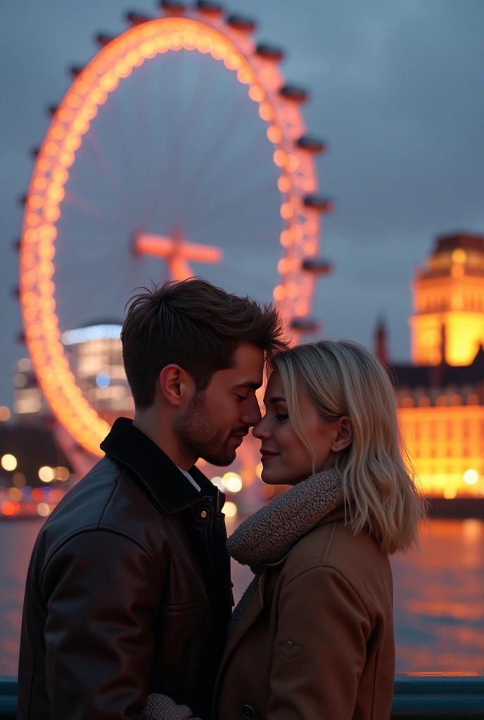 (photorealism:1.2), A couple hugging in front of the London Eye, taking a profile selfie man brown hair and eyes, blonde woman with green eyes 8k ultra realistic