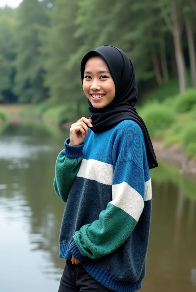 A young Indonesian woman wearing a black hijab and a blue, Reed, green ,withe sweater, posing with a cheerful and relaxed expression by the riverside. She is standing next to a gently flowing river, Big Boobs surrounded by lush greenery and tall trees. The scene conveys a peaceful and natural atmosphere, capturing a moment of contentment and tranquility. Her pose is slightly dynamic, with one hand resting on her hip and the other lightly touching her hijab, adding a sense of casual elegance to the scene. 8K HD, Real Photografy