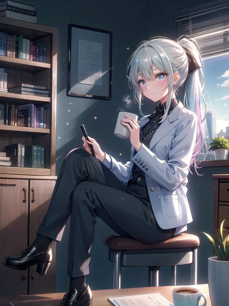 ((8k, Highest quality, masterpiece: 1.3)),Ultra-high resolution,(1 girl, alone), (Color changing eyes, Ultra-detailed, Expressive brilliance, Glitter, Glowing Eyes), Highly detailed eyes, Highly detailed face, Random Hair, ((pastel colour))The woman is seated at her desk in a modern corporate office, typing on her laptop. The office has large windows overlooking a cityscape, with skyscrapers and a clear blue sky visible outside. Her desk is organized with a wireless keyboard, a stack of neatly arranged folders, a small potted succulent, and a coffee mug with a motivational quote. Behind her, a bookshelf filled with reference books and company awards adds to the professional atmosphere. She’s wearing a light grey blazer over a white blouse, paired with black slacks and low-heeled shoes. Her hair is tied back in a sleek ponytail. She glances at the camera with a focused and slightly amused expression, as if she’s just noticed something interesting.
