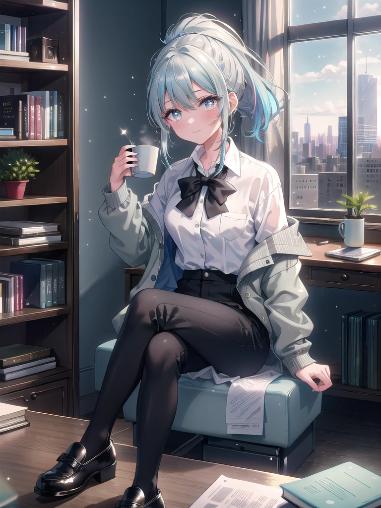 ((8k, Highest quality, masterpiece: 1.3)),Ultra-high resolution,(1 girl, alone), (Color changing eyes, Ultra-detailed, Expressive brilliance, Glitter, Glowing Eyes), Highly detailed eyes, Highly detailed face, Random Hair, ((pastel colour))The woman is seated at her desk in a modern corporate office, typing on her laptop. The office has large windows overlooking a cityscape, with skyscrapers and a clear blue sky visible outside. Her desk is organized with a wireless keyboard, a stack of neatly arranged folders, a small potted succulent, and a coffee mug with a motivational quote. Behind her, a bookshelf filled with reference books and company awards adds to the professional atmosphere. She’s wearing a light grey blazer over a white blouse, paired with black slacks and low-heeled shoes. Her hair is tied back in a sleek ponytail. She glances at the camera with a focused and slightly amused expression, as if she’s just noticed something interesting.
