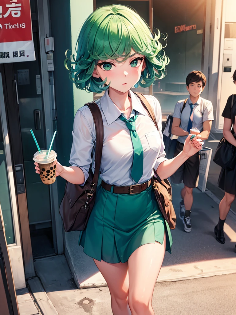 (high res, 8K, masterpiece, looking at viewer, best quality, very aesthetic, ultra detailed, ultra background, ultra Eyes) intricate details, 1girl, Tatsumaki, Chibi, short sleeved white shirt, Light Blue short skirt, Pockets on the left chest, Light Blue tie, Wearing a belt, Sling bag, green short hair, green eyes, Walking on the side of the road, drinking bubble milk tea, normal face, Background City, Store, Cinematic Angle