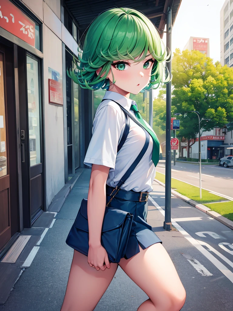 (high res, 8K, masterpiece, looking at viewer, best quality, very aesthetic, ultra detailed, ultra background, ultra Eyes) intricate details, 1girl, Tatsumaki, Chibi, short sleeved white shirt, Light Blue short skirt, Pockets on the left chest, Light Blue tie, Wearing a belt, Sling bag, green short hair, green eyes, Walking on the side of the road, drinking bubble milk tea, normal face, Background City, Store, Cinematic Angle